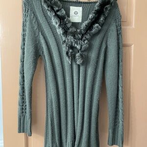 Lapis Fur Trim Hooded Tunic Sweater
